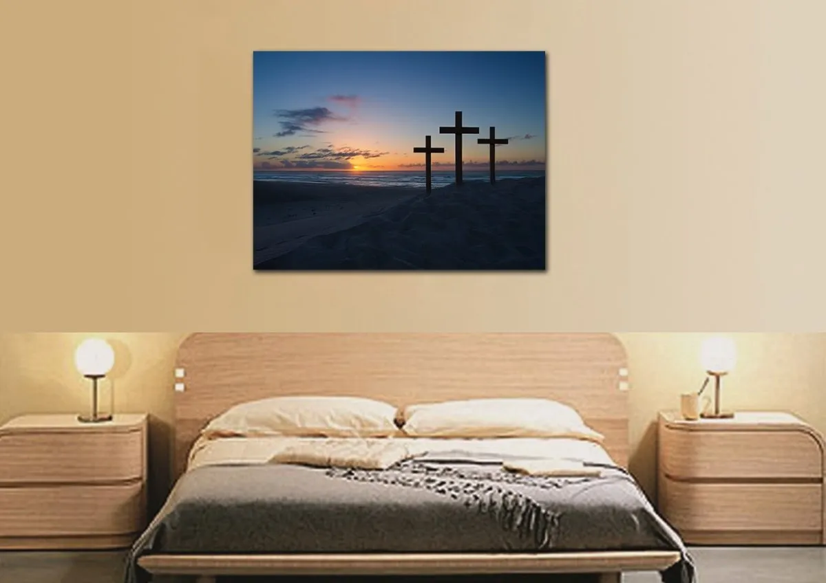 3 Crosses At Sunrise Sunset Wall Art Canvas - Christian Canvas Wall Art