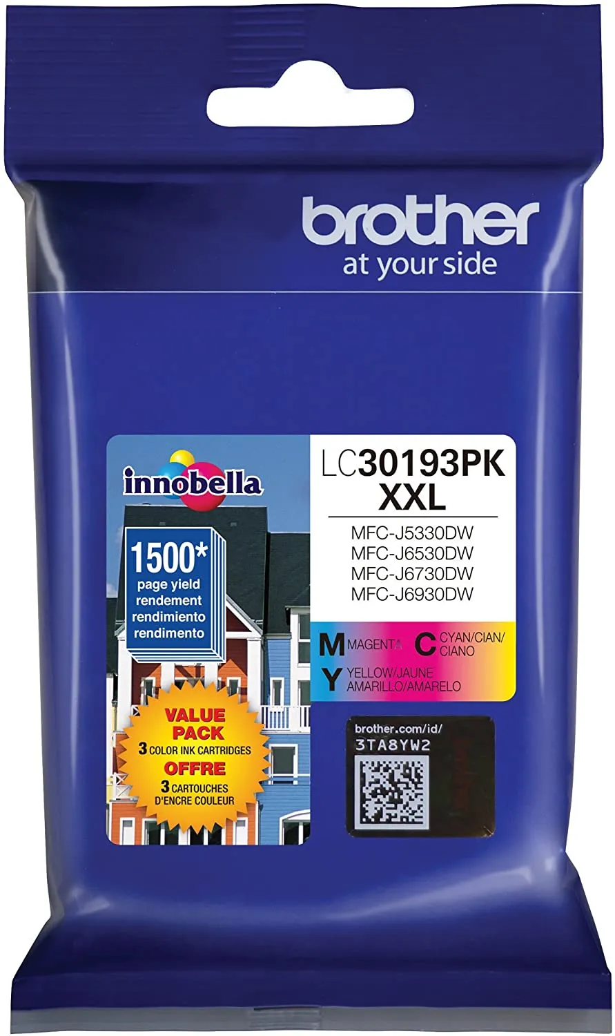 Brother Genuine LC3019 Super High-Yield 3-pack Color Ink Cartridges, C/M/Y, 1500 Pages - LC30193PK