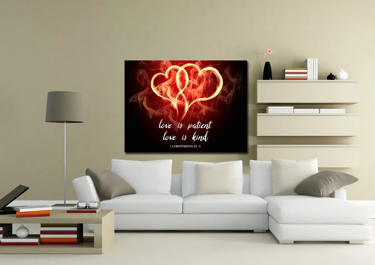 Hearts On Fire Love Is Patient, Love Is Kind Wall Art - Christian Canvas Wall Art