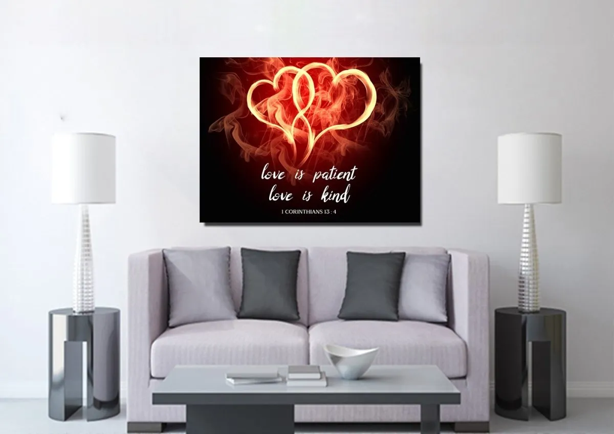 Hearts On Fire Love Is Patient, Love Is Kind Wall Art - Christian Canvas Wall Art