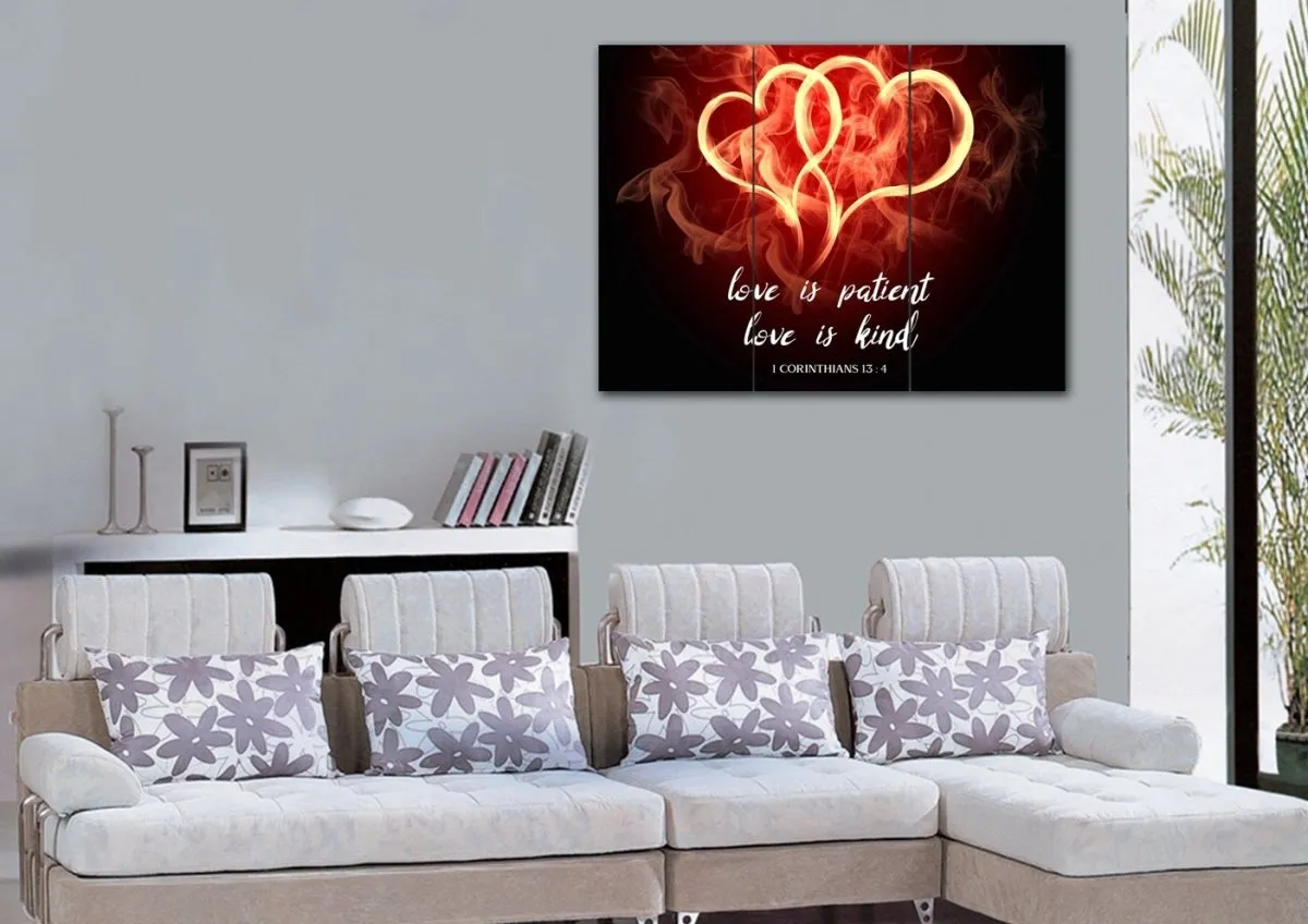 Hearts On Fire Love Is Patient, Love Is Kind Wall Art - Christian Canvas Wall Art