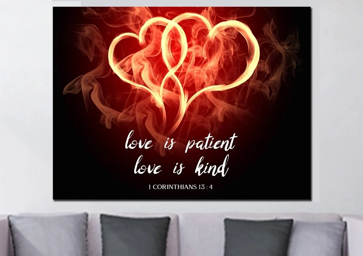 Hearts On Fire Love Is Patient, Love Is Kind Wall Art - Christian Canvas Wall Art