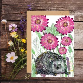 HEDGEHOG AND PINK BLOOMS WiLDFLOWER PLANTABLE SEED GREETING CARD