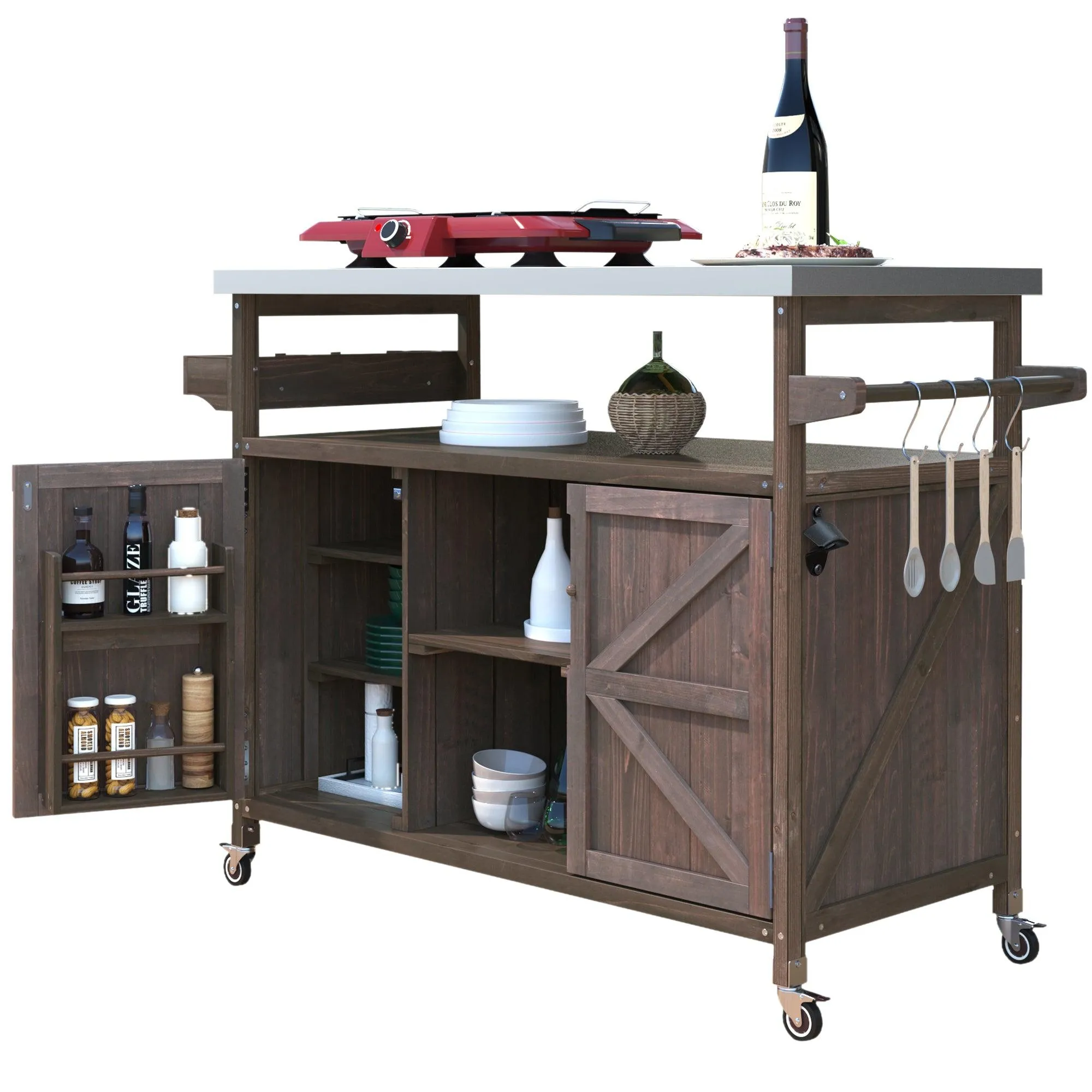 K&K Outdoor Kitchen Island, Rolling Bar Cart & Storage Cabinet, Farmhouse Solid Wood Outdoor Grill Table with Stainless Steel Top, Spice Rack , Towel Rack for Kitchen & Barbecue , Dark Brown