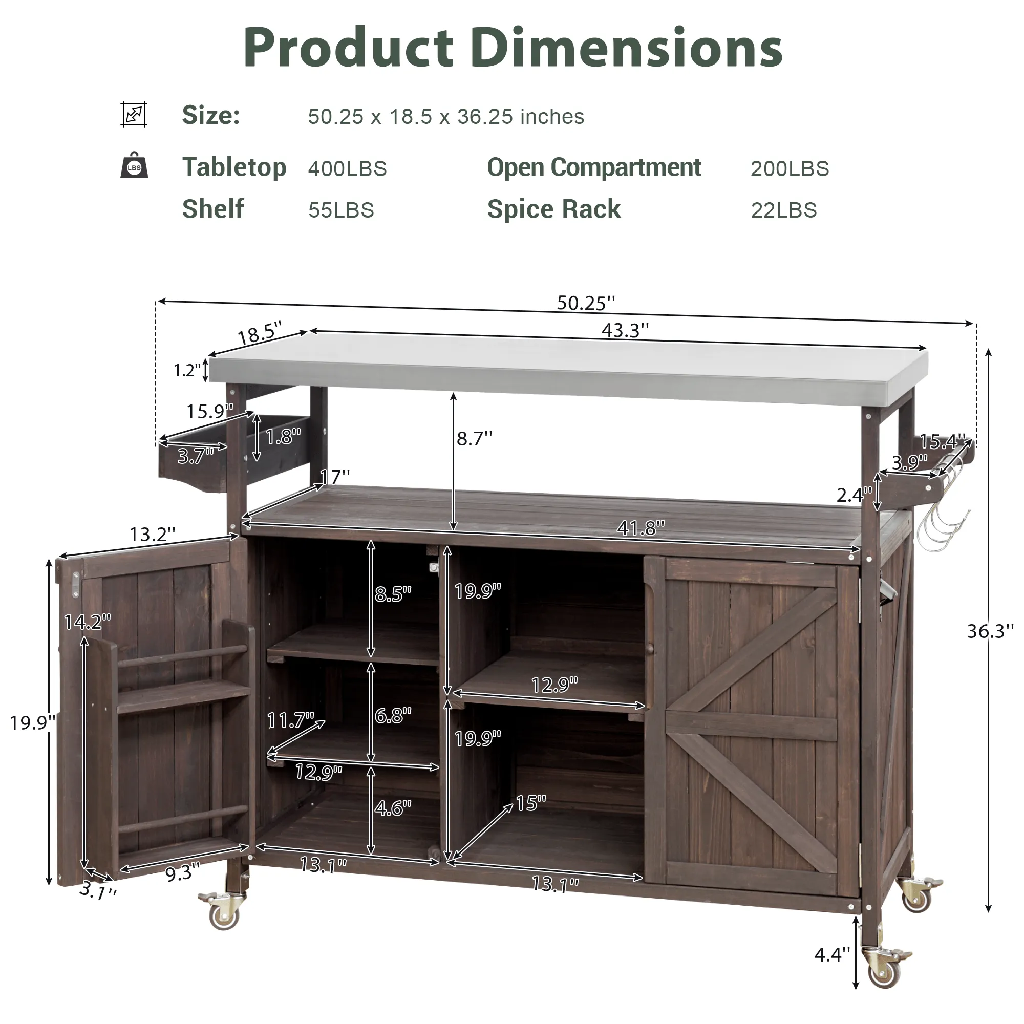 K&K Outdoor Kitchen Island, Rolling Bar Cart & Storage Cabinet, Farmhouse Solid Wood Outdoor Grill Table with Stainless Steel Top, Spice Rack , Towel Rack for Kitchen & Barbecue , Dark Brown