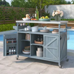 K&K Outdoor Kitchen Island, Rolling Bar Cart & Storage Cabinet, Farmhouse Solid Wood Outdoor Grill Table with Stainless Steel Top, Spice Rack , Towel Rack for Kitchen & BBQ , Grey Blue