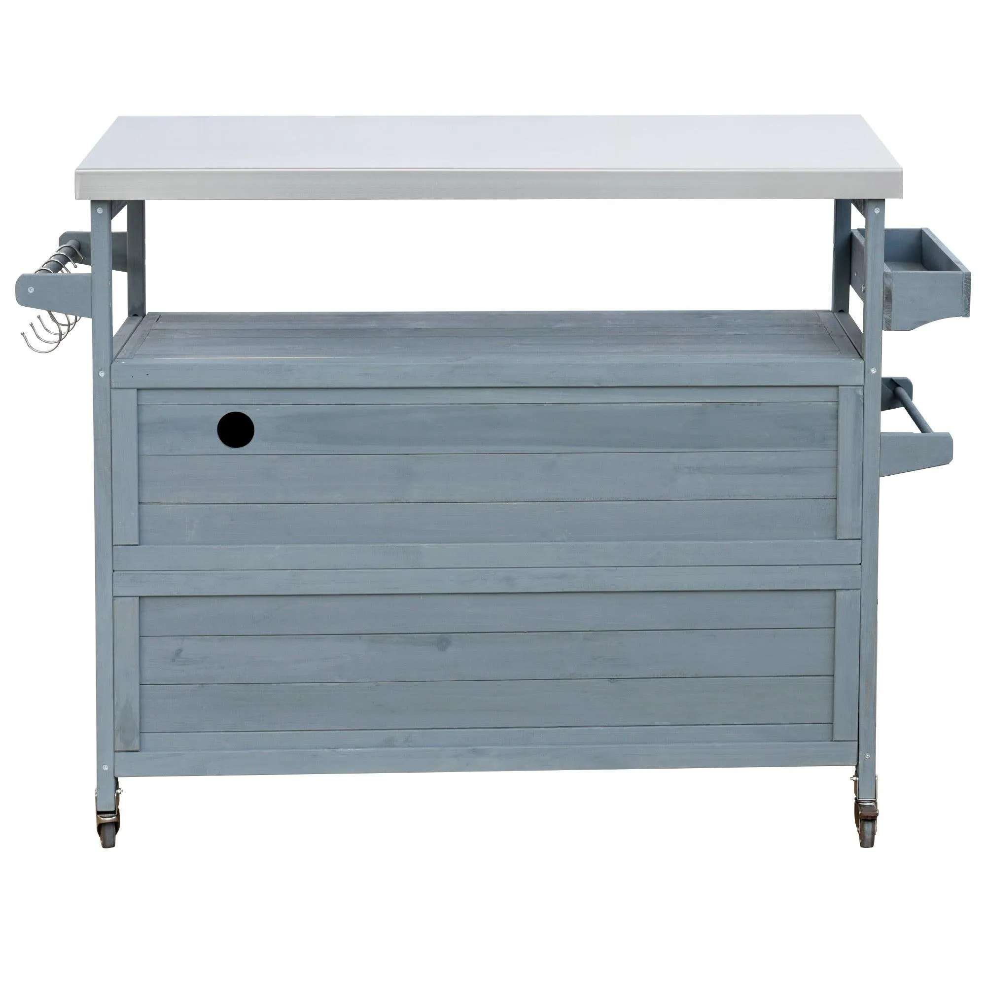 K&K Outdoor Kitchen Island, Rolling Bar Cart & Storage Cabinet, Farmhouse Solid Wood Outdoor Grill Table with Stainless Steel Top, Spice Rack , Towel Rack for Kitchen & BBQ , Grey Blue