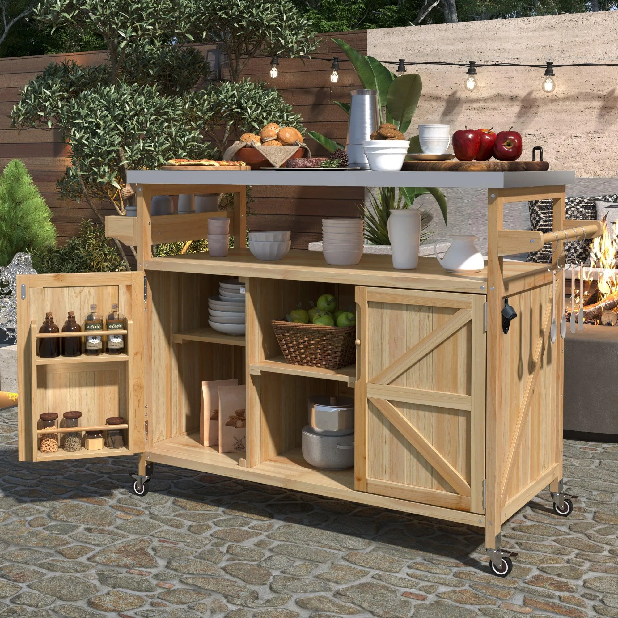 K&K Outdoor Kitchen Island, Rolling Bar Cart & Storage Cabinet, Farmhouse Solid Wood Outdoor Grill Table with Stainless Steel Top, Spice Rack , Towel Rack for Kitchen & BBQ , Natural