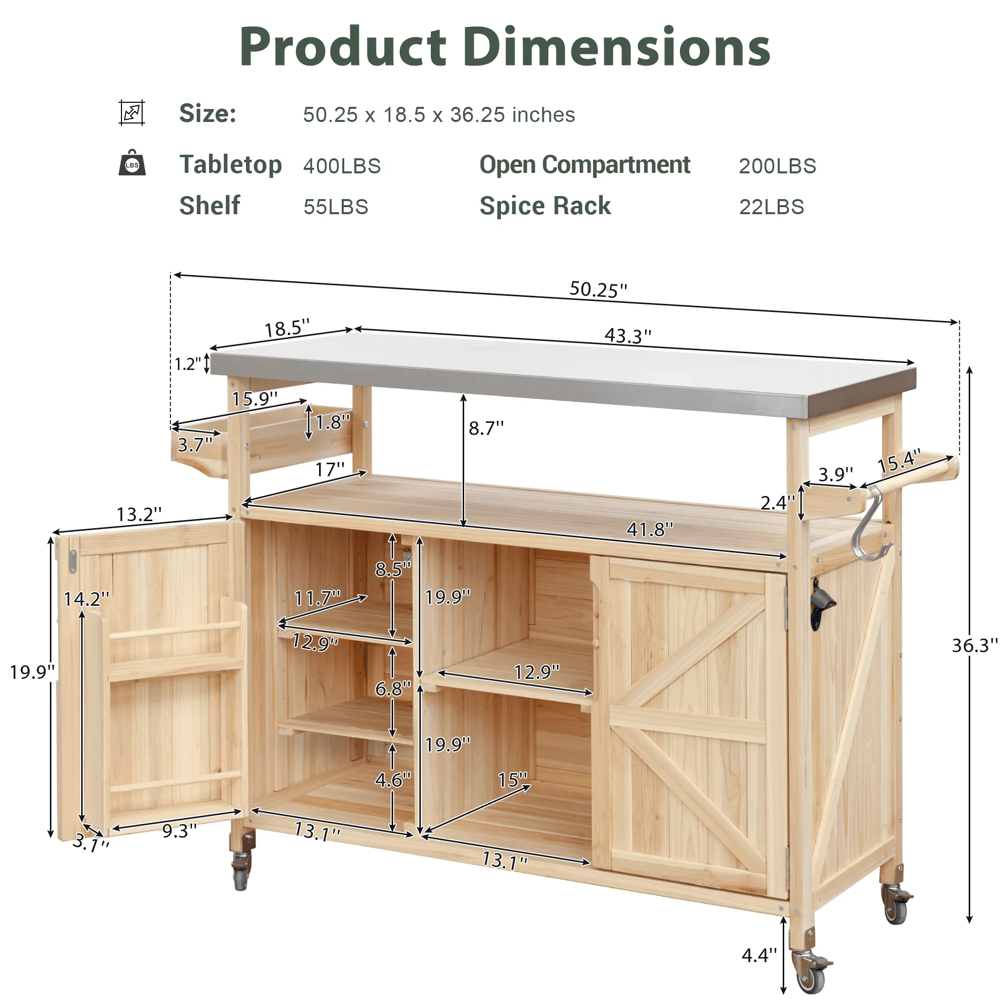 K&K Outdoor Kitchen Island, Rolling Bar Cart & Storage Cabinet, Farmhouse Solid Wood Outdoor Grill Table with Stainless Steel Top, Spice Rack , Towel Rack for Kitchen & BBQ , Natural