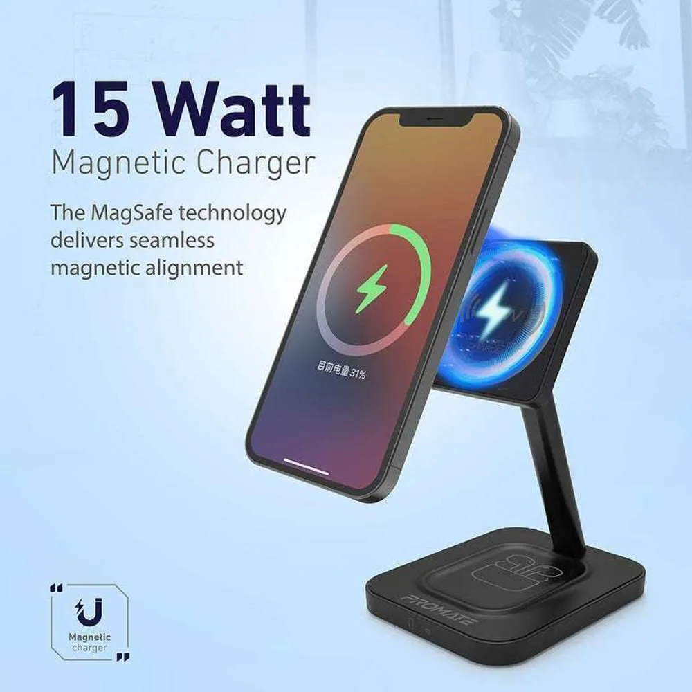 Promate 2-in-1 Wireless Stand 15W Mag Charger 5W Qi Wireless Black